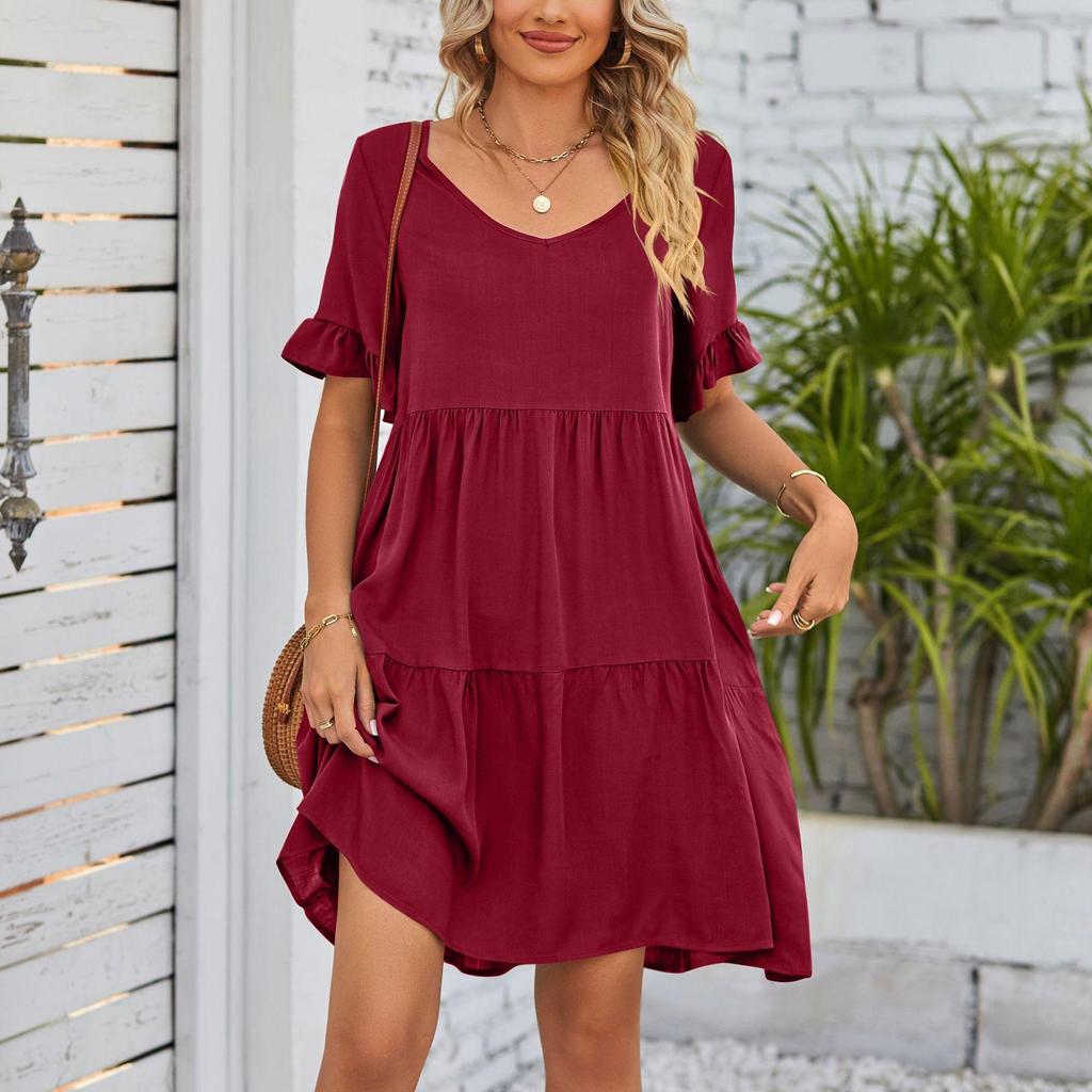 Women's Summer Casual V-neck Doll Dress with Three Layers of Pleated Dress