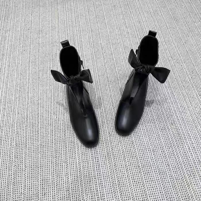 New leather round head bow lace-up V-mouth flat bottom casual versatile short boots women