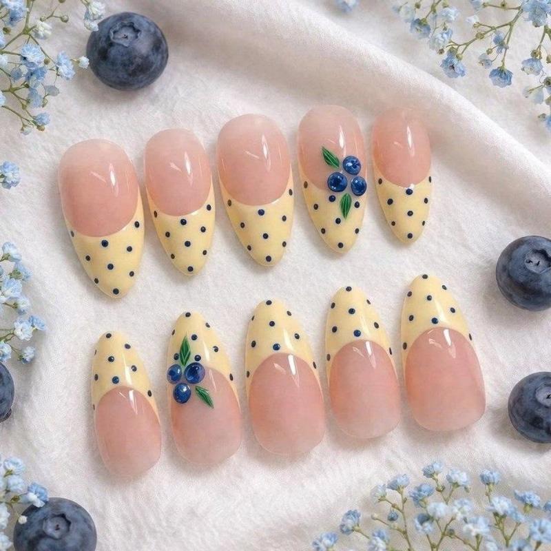3D Blueberry Polka Dot Almond Shape False Nails - 24 Pcs Sweet Girl Style French Nude Base