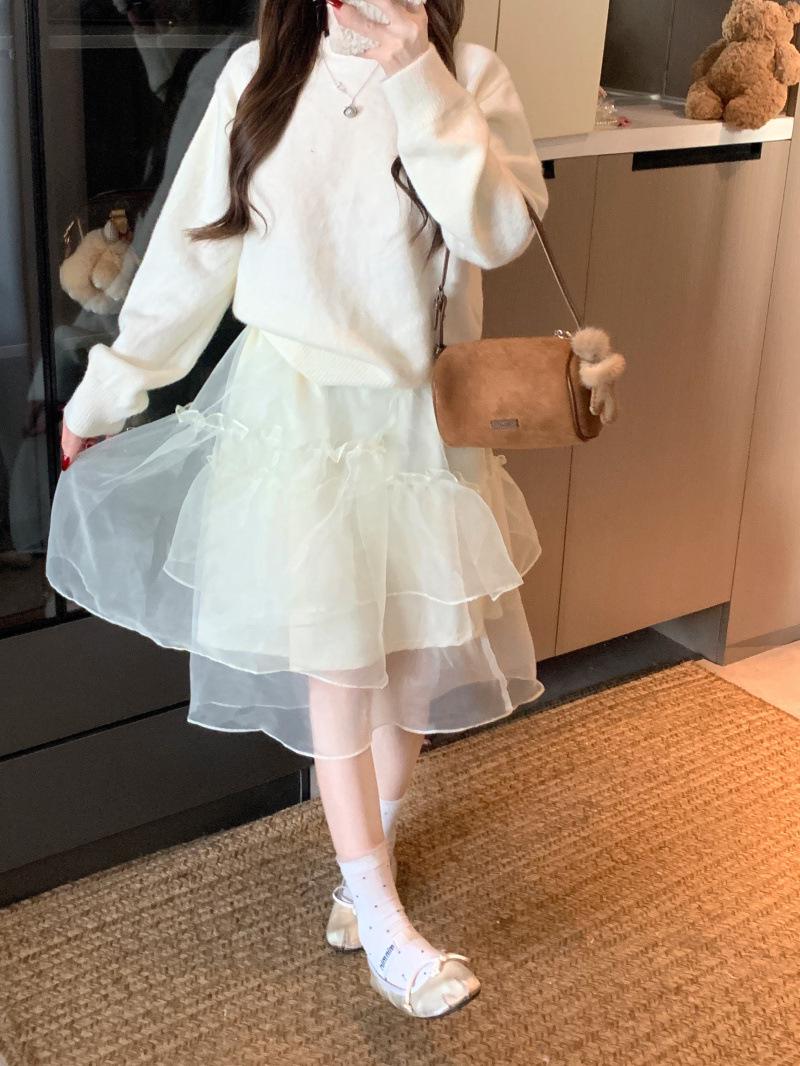 Spring 2026 Korean Style Elegant Glossy Chiffon Ruffle Skirt One Size белый