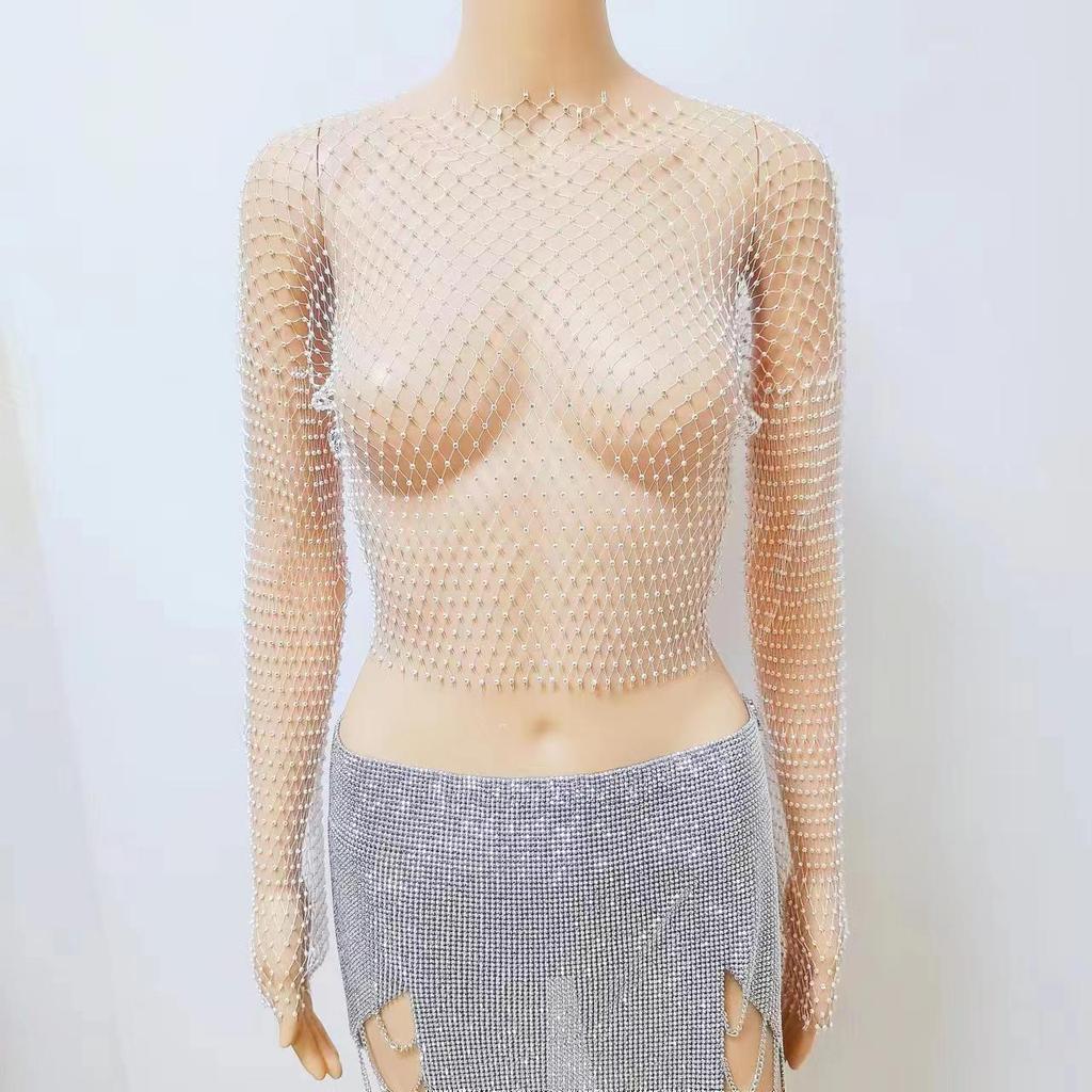 European and American Rhinestone Mesh Long-Sleeve Fishnet T-shirt - Sexy Hot Girl Top