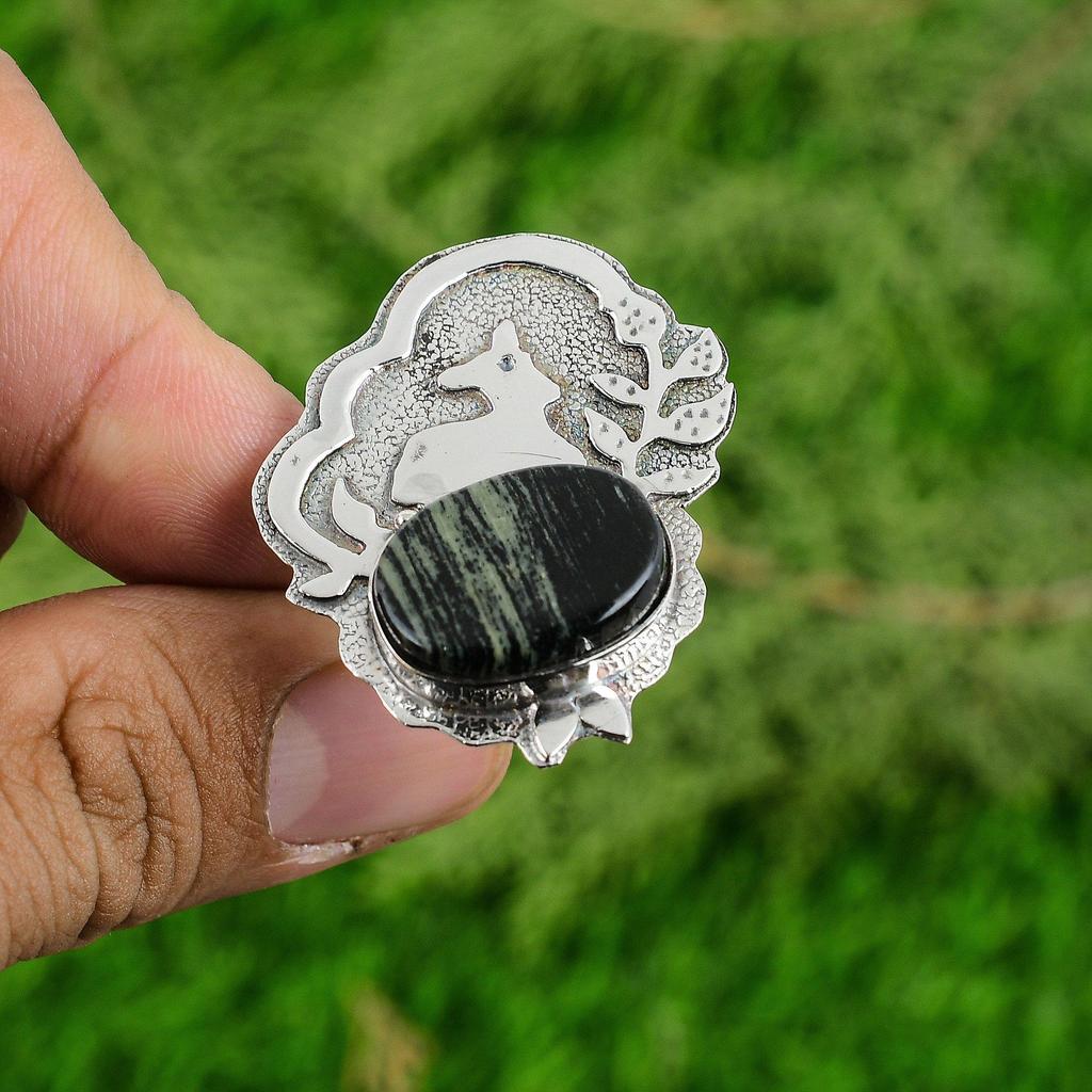 925 Sterling Silver Natural Silver Leaf Jasper Promise Mother Boho Ring Jewelry
