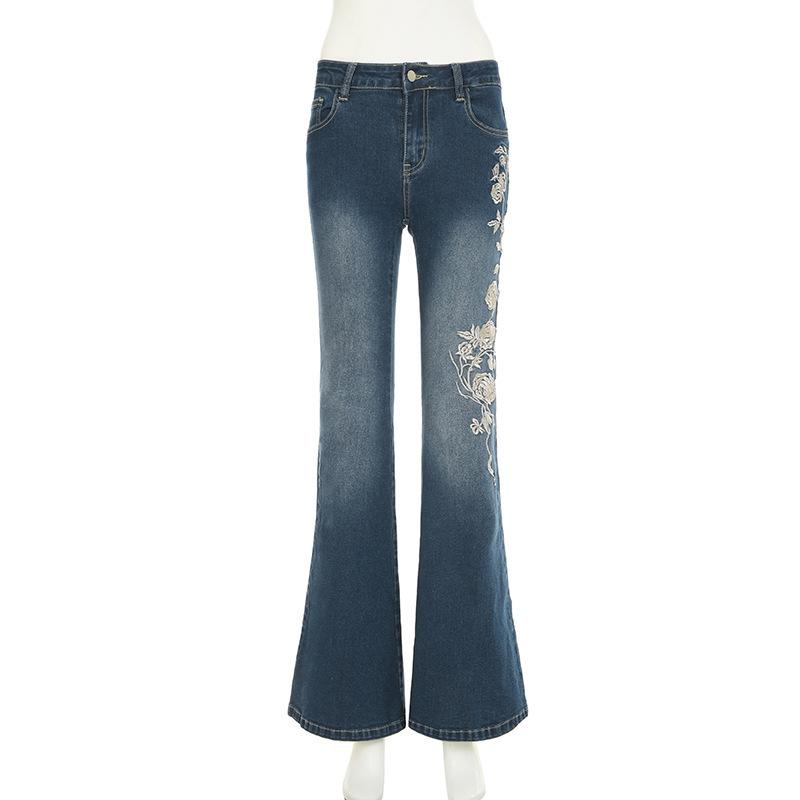Plant Printed Embroidery Y2K Flare Jeans Women Vintage Skinny Boot Cut Trousers Fashion Street 2000s Denim Pants Fall