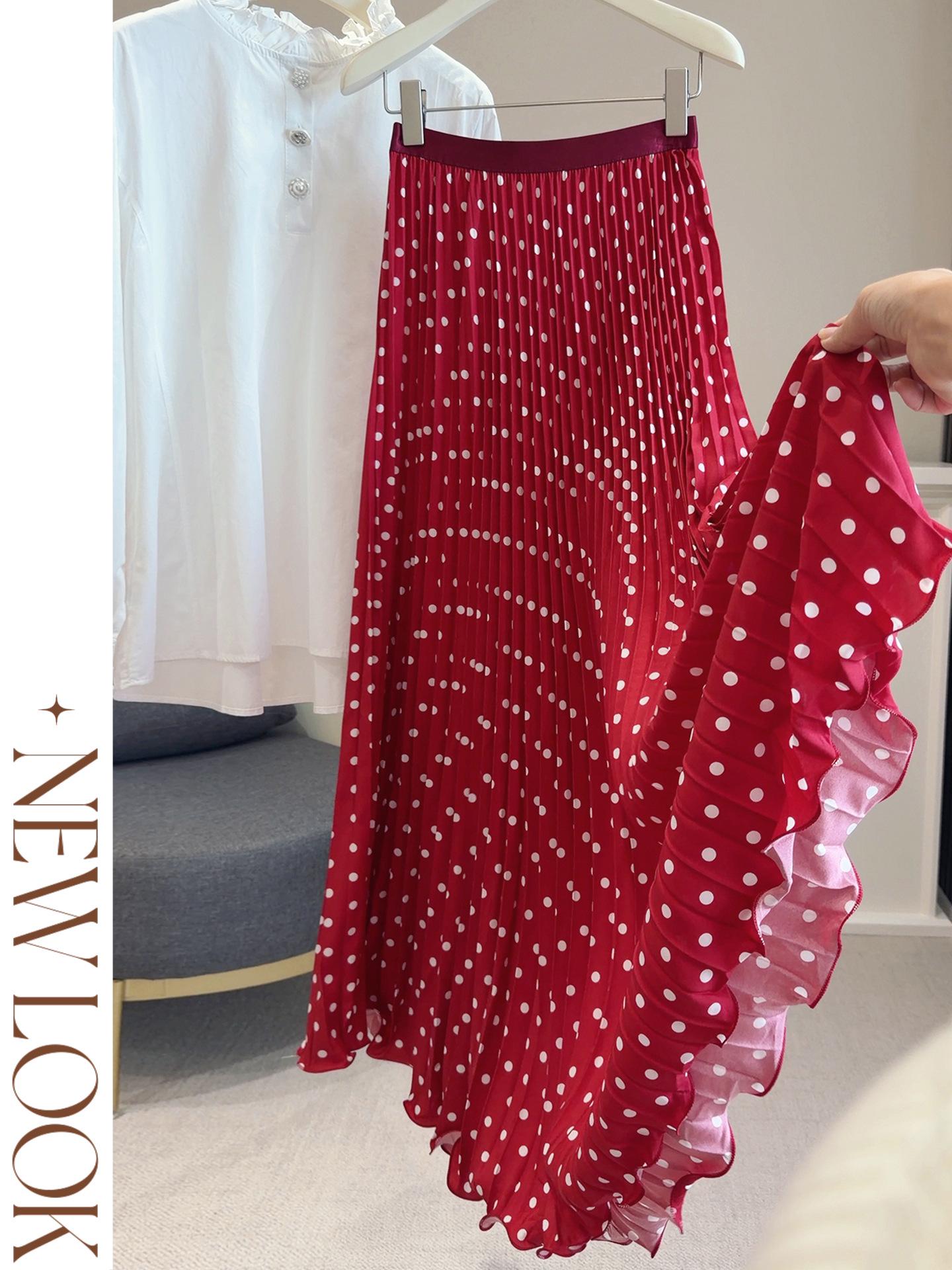 

Корейско-японская красная в горошек шифоновая плиссированная длинная юбка с высокой талией для похудения для женщин One Size