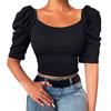 Elastic Women Top Fine Workmanship Cotton Blend Half Puff Sleeve Short T-shirt for Daily