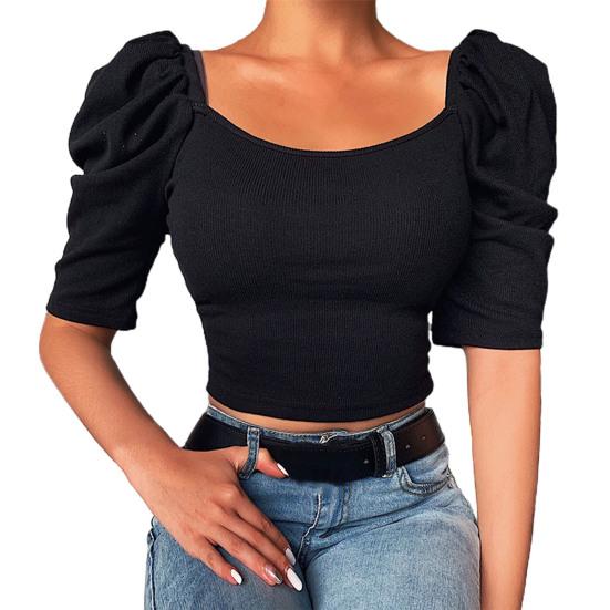 Elastic Women Top Fine Workmanship Cotton Blend Half Puff Sleeve Short T-shirt for Daily