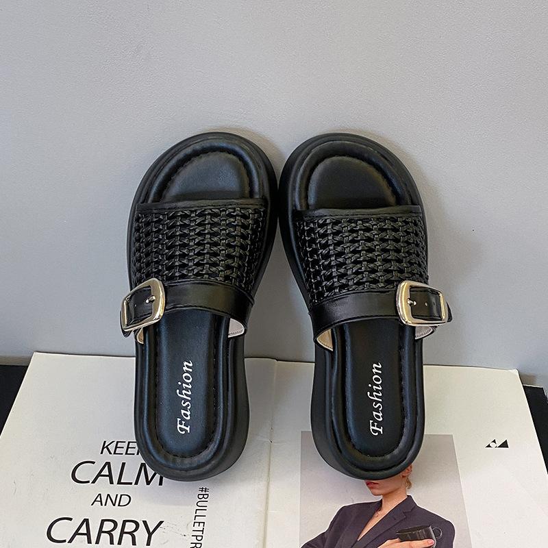 Korean Version of Thick-bottomed Cool Slippers for Women To Wear 2025 Summer New Fairy with Skirt Hollowed-out Woven One-word Cool Slippers