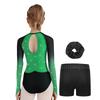 Mädchen Turnanzug Netz Langarm Leotard Strass-Dekor Shorts Stirnband Set