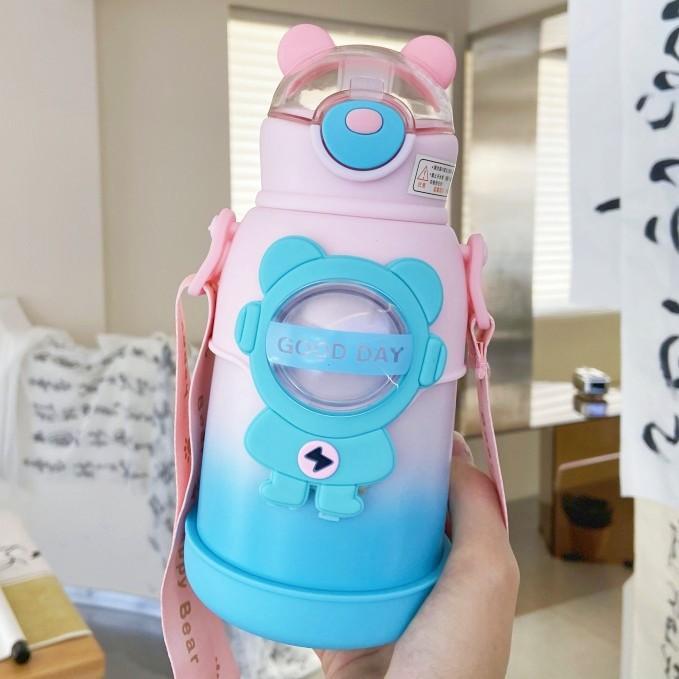

Kawaii Colorful Bear Straw Thermos Cup Children Stainless Steel Vacuum Insulated Water Bottle School Kindergarten Thermal Bot Practical Use 500ml