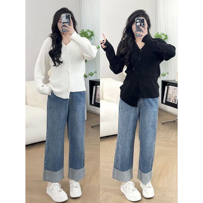

150.00kg Plus size women clothing Straight Jeans Women s Chubby Girl New Small Slimming All-Match Cropped Pants Blue [High-Quality Elastic Waistband at Back] 2XL