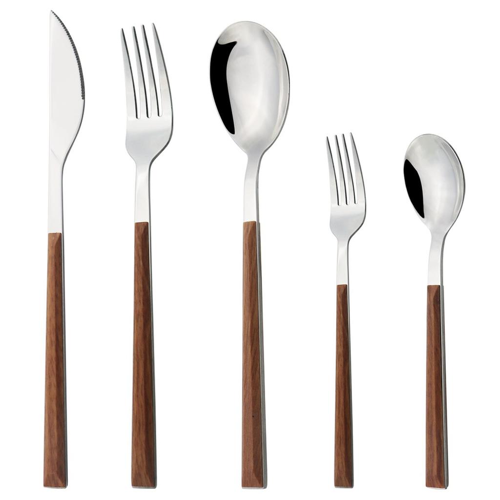 5 st Trähandtag serviser Western bestickset i rostfritt stål Knivgaffel Kaffe Tesked Silverservis Köksservis set