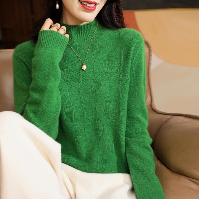 Half-high Neck Hollow Large Wavy Cardigan for Women In Autumn and Winter Loose and Versatile Knitted Base Shirt Skin-friendly Long-sleeved Sweater