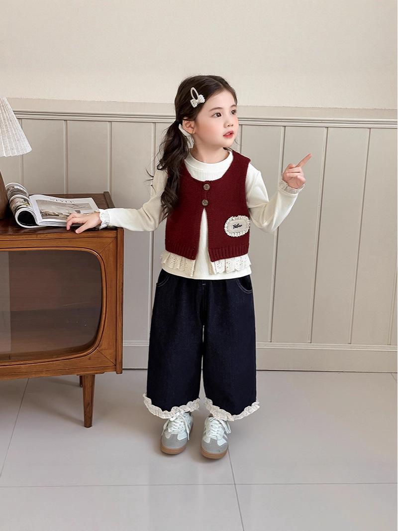 

Вязаный комплект в стиле мори для девочек 2025: Жилет и брюки палаццо - Ретро Милый Весенне-Осенний Костюм-тройка 140 cm красный