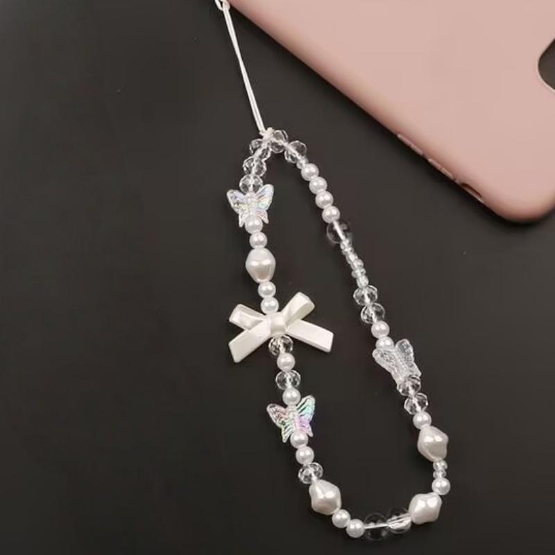 Aesthetic Pearl Phone Strap with Camellia Charm, Beaded Phone Lanyard for Mobile Case, Fashion Anti-Loss Chain for Bag