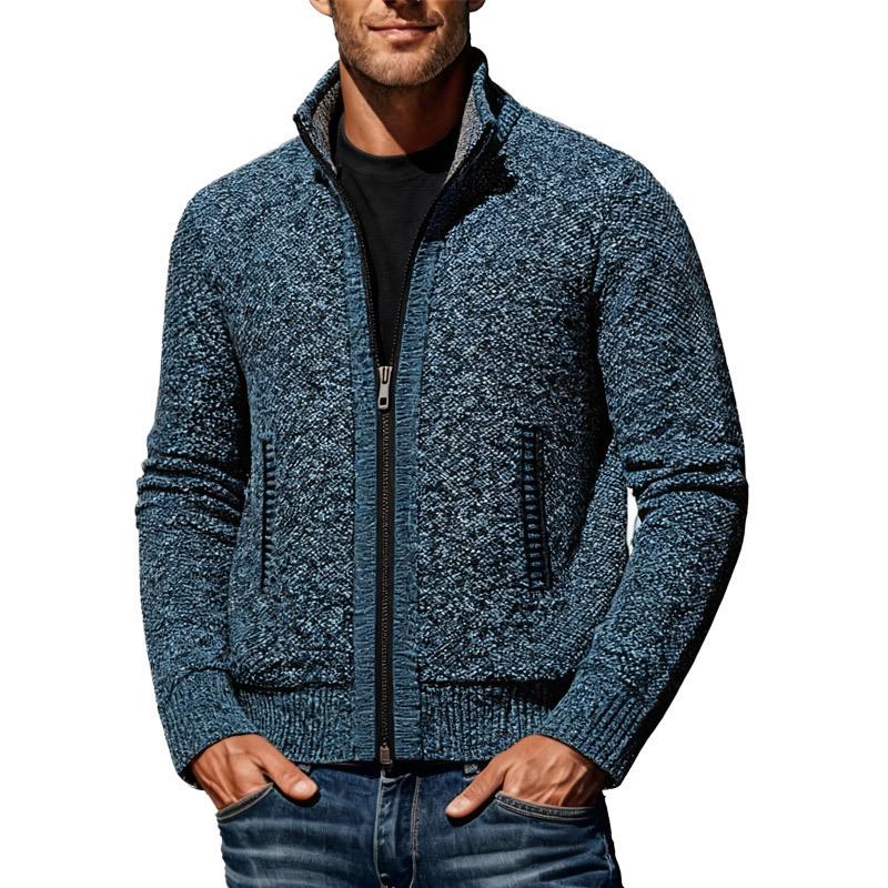 Men s European Size Long Sleeve Zipper Cardigan Knitwear - Plus Velvet Warm Stand Collar Sweater Jacket L