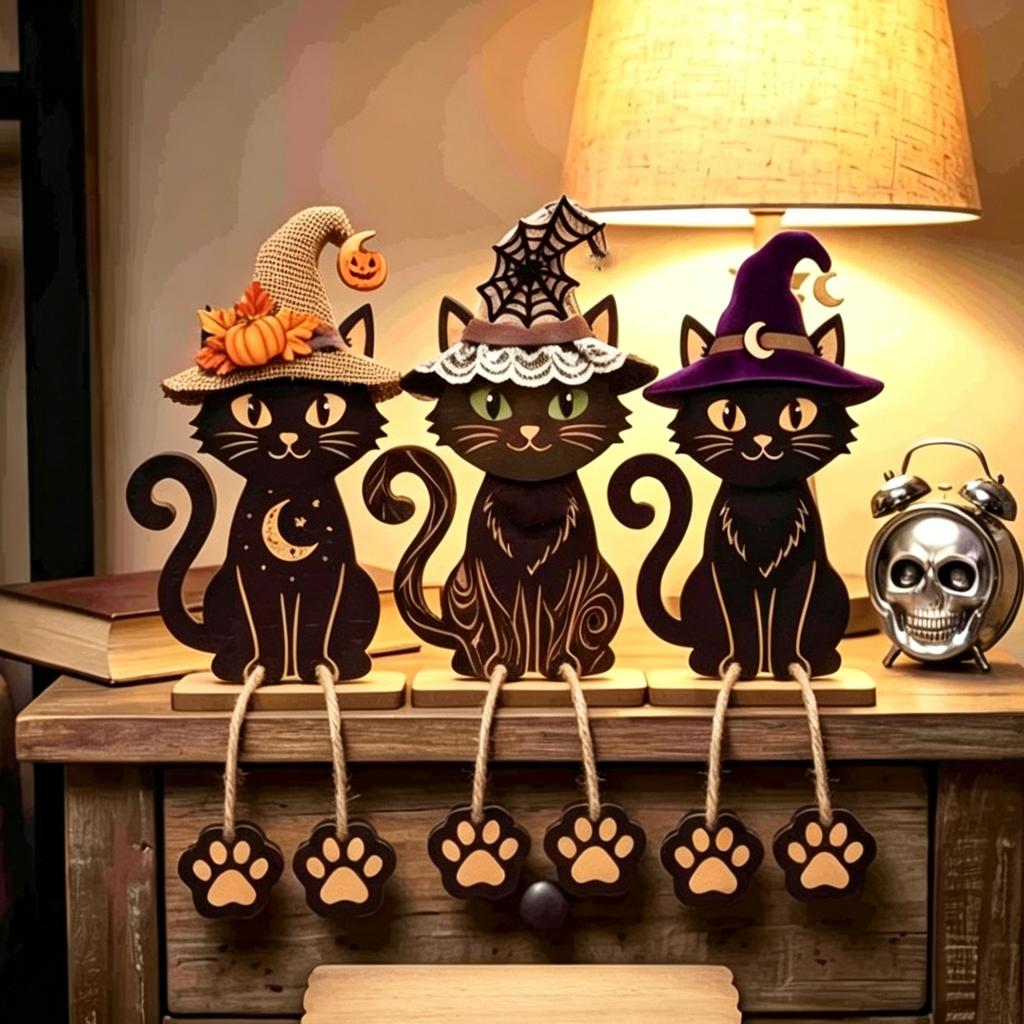 Halloween Wooden Figurine Set of 3, Witch Hat with Dangling Legs Tabletop Decor for Pumpkin Shelf Display