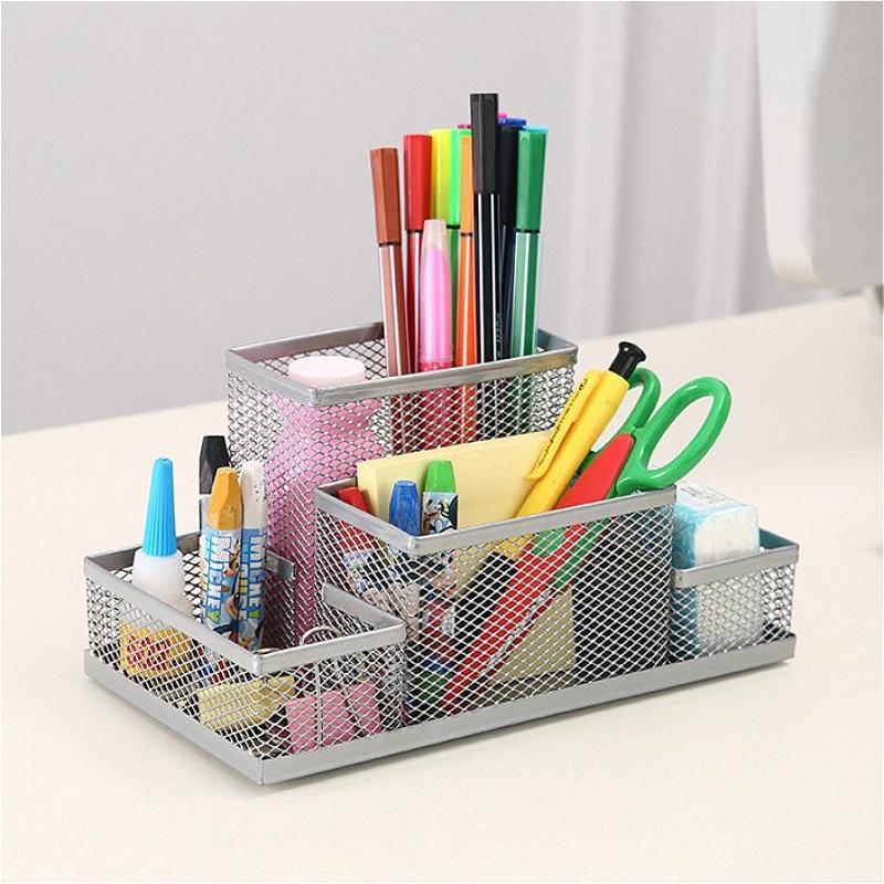 4 Grids Mesh Desk Organizer Office Supplies Pen Holder Multipurpose Space Saving Desk Organizer Storage Basket for Home Office
