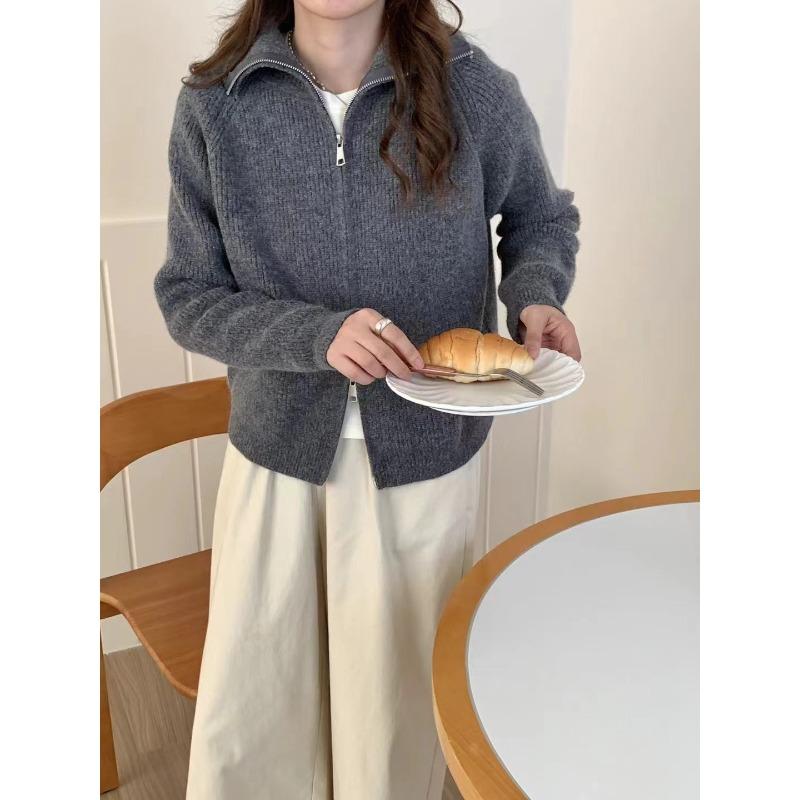 Soft Waxy Double Zipper Sweater Jacket Women's Autumn and Winter New Solid Color Lazy Wind Knitted Sweater Cardigan Women