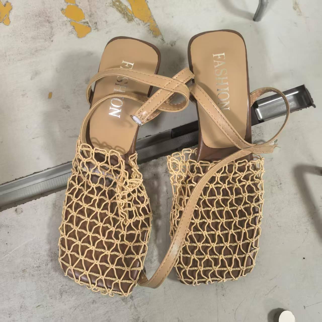 

Летние женские босоножки на высоком толстом каблуке в ретро-плетении с квадратным носком, 2025 38 абрикосовый