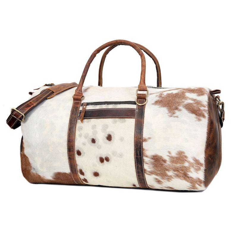 Real Cowhide Leather Duffel Bag Large Cowhide Travel Bag Cowhide Patchwork Bag Brown Leather Weekender Gym Bag Overnight Bag, Carry On Bag