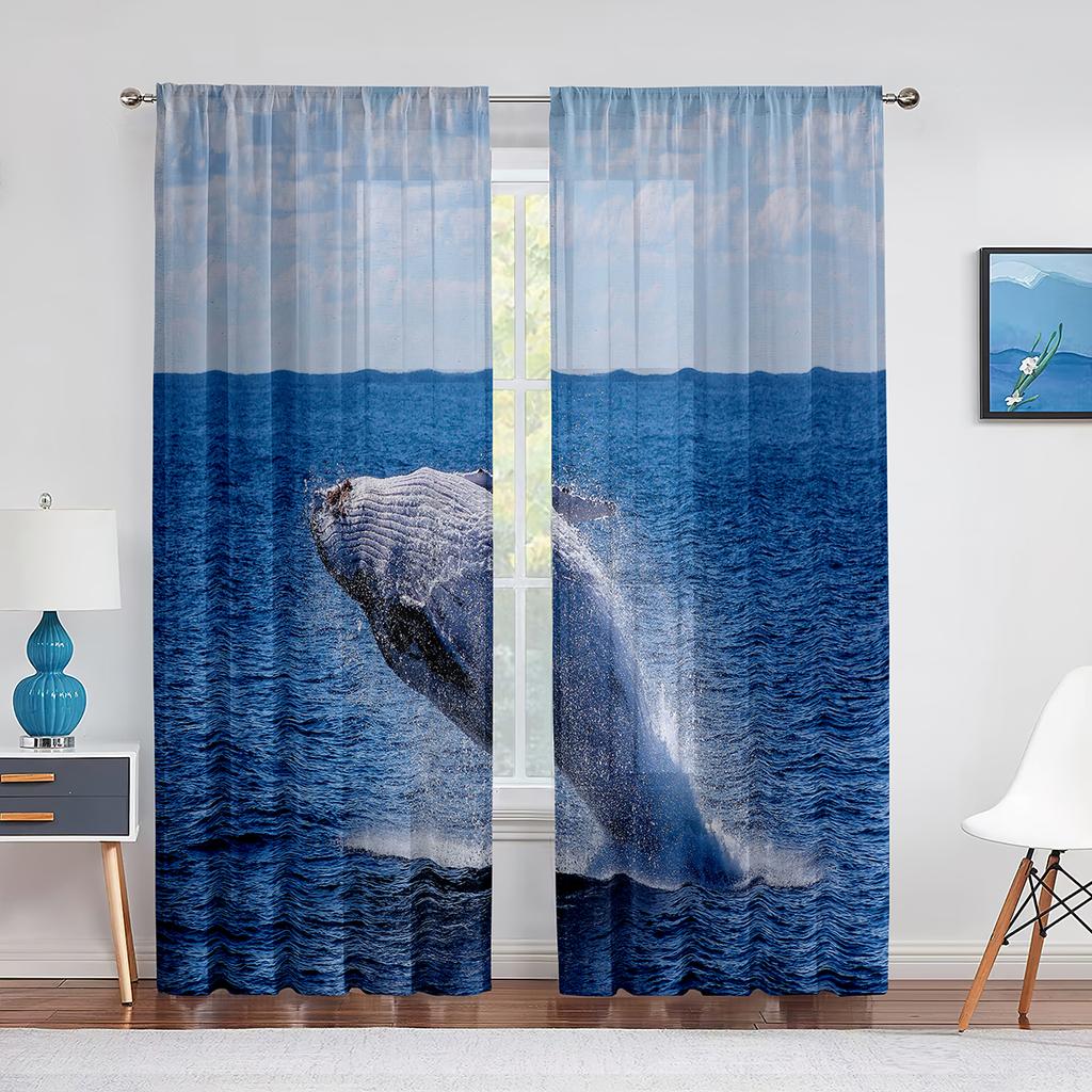 Watercolor Whale Underwater Animal Psychedelic Sheer Window Curtains for Living Room Bedroom Home Decor Chiffon Tulle Curtain