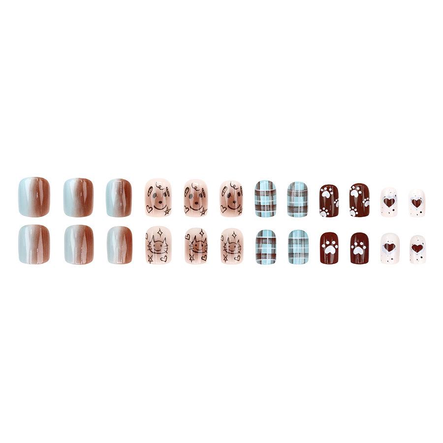Cartoon Cat & Puppy Gradient Plaid Square False Nail Tips – 24 Detachable Pieces