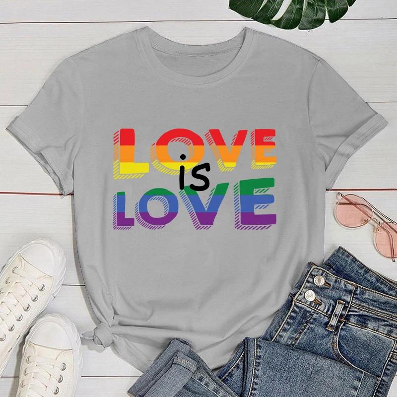 (Premium T-shirt)New Fuuny Lgbt Love Is Love Letter Printed Female 'S And Women'S Fashion Short Sleeve Lgbt Love Is Love Tops