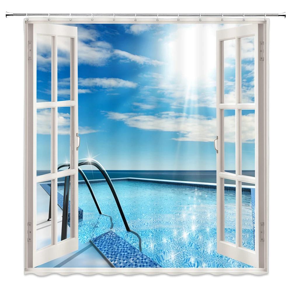3D Shower Curtain Sunny Beach Seaside Landscape Printed Bathroom Curtain Waterproof Fabric With Hooks Home Decorate Bath Screen