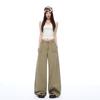 Spring Summer Khaki Pure Cotton Low Waist Relaxed Slim Height Boost Drape Casual Wide Leg Denim Pants For Ladies Casual Pants Oversize Denim Trousers