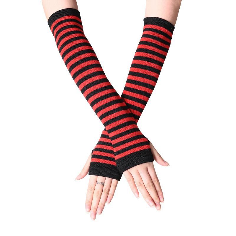 Punk Style Long Sleeved Fingerless Gloves, Unisex Striped Knit Design, Elbow Connected Finger Design, Essential For Keeping Warm Outdoors In Winter