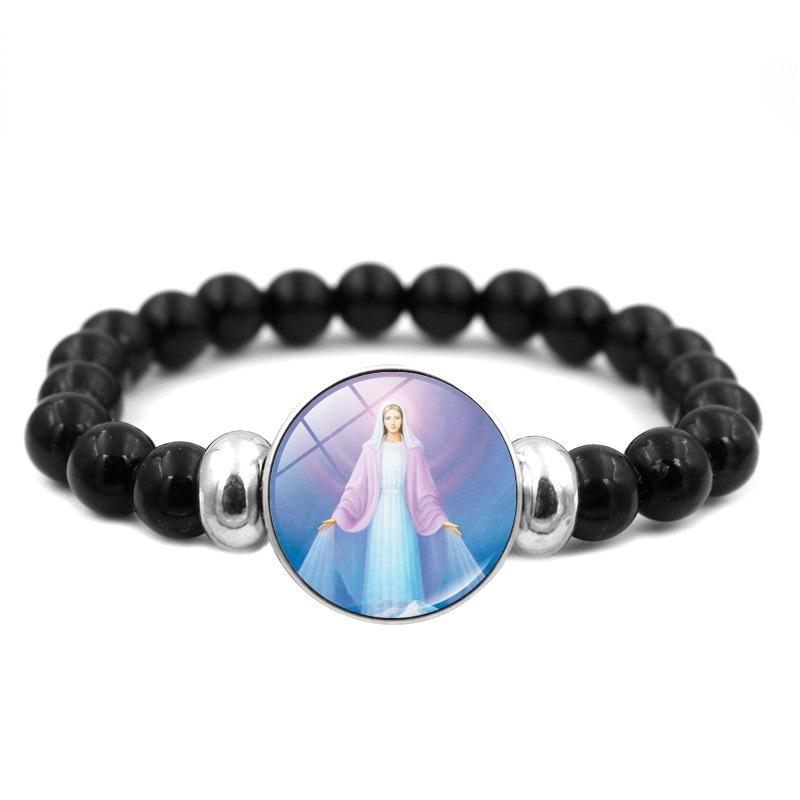 Christliches Jesus-Armband mit schwarzen Perlen, elastischer Schmuck, Jungfrau Maria, Glas-Druckknopf-Armbänder für Männer und Frauen, katholische Geschenke
