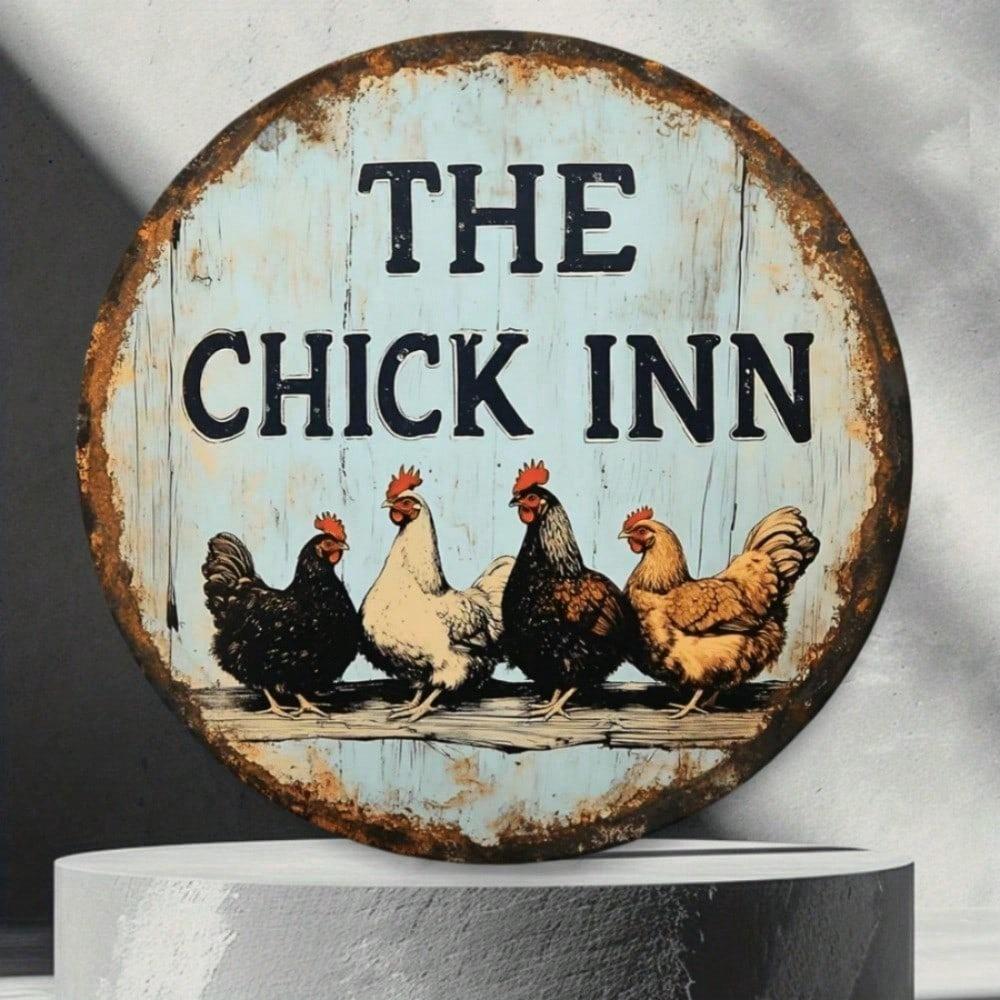 1pc Vintage Chicken Coop Metal Sign 8 Inch Round Wall Art Rustic Farmhouse Decor Flat Print