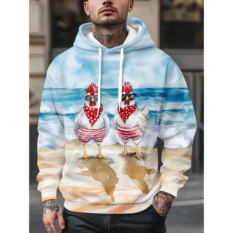 Autumn 3D Rooster Graphic Printed Hoodies Fashionable Casual Sports Pocket Long Sleeved Men's Hooded Sweatshirts