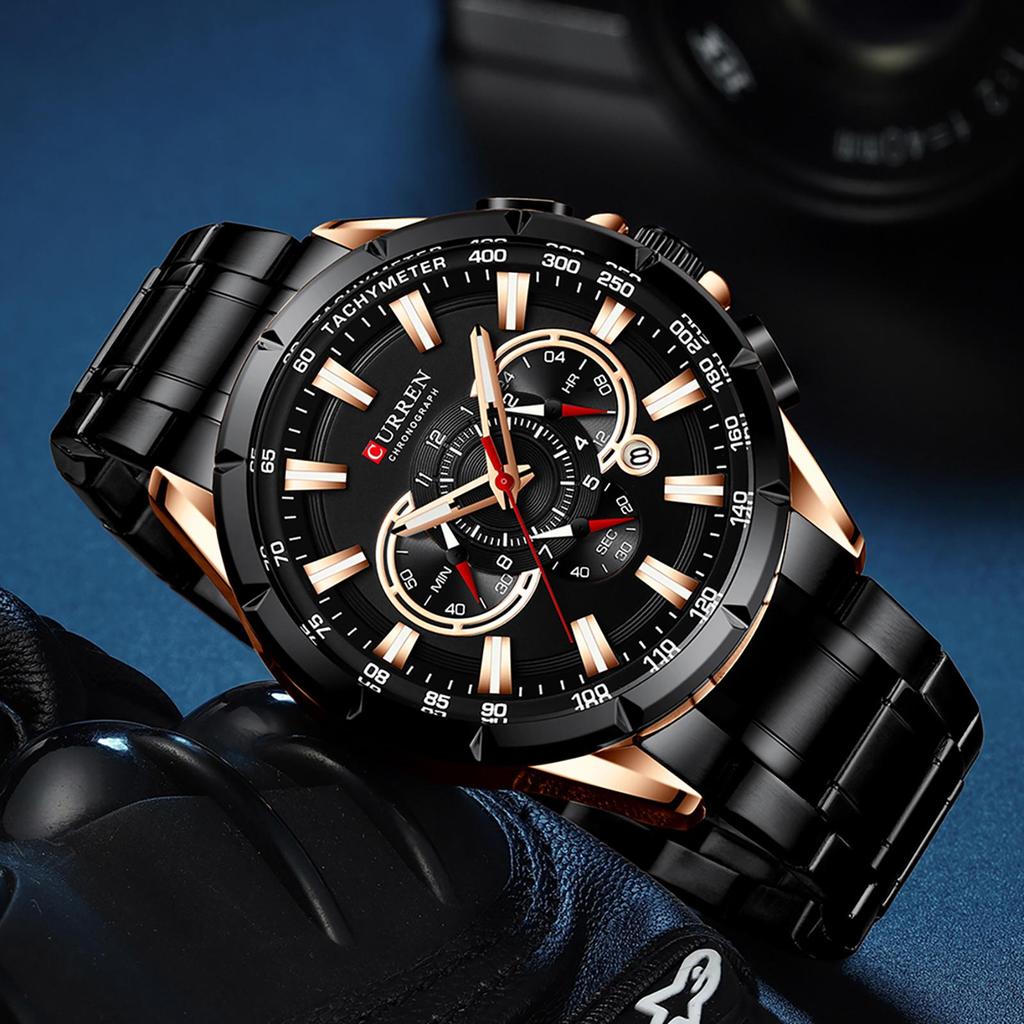CURREN 8363 Watch Quartz Man Wristwatch Watches with Stainless Steel Strap Band Three Sub-Dials Calendar Indicator Waterproof