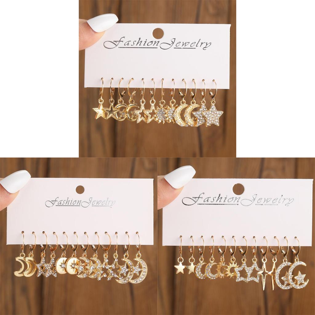 Star Moon Alloy Earring Set For Women With Flower Petal Design