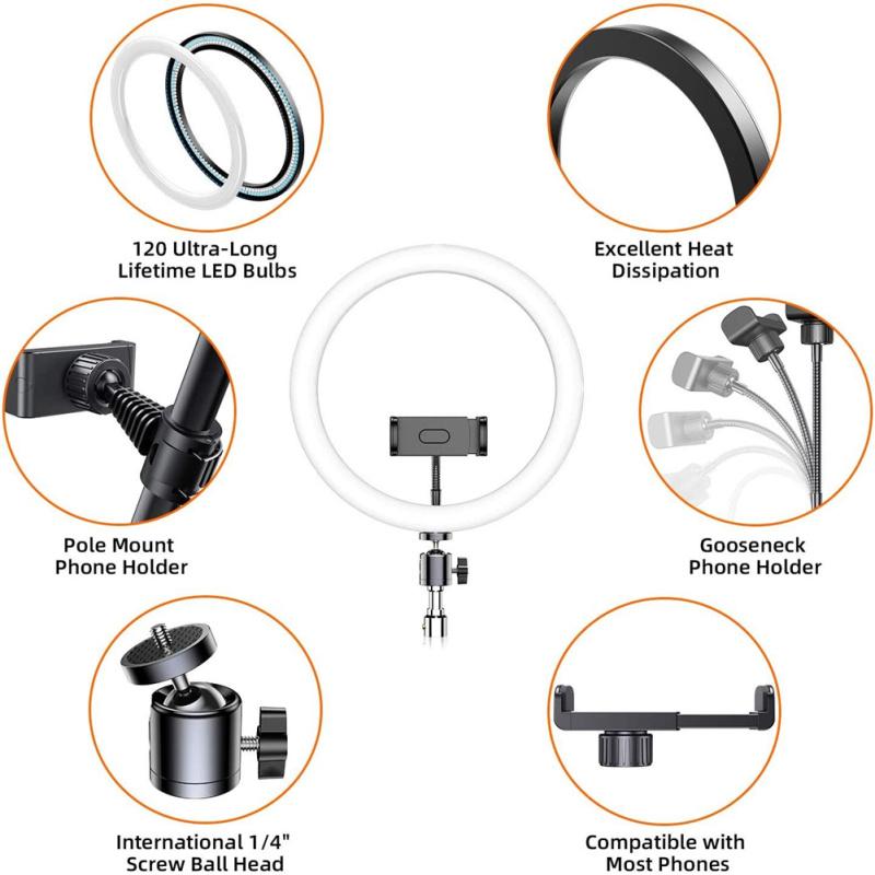 Lampada da tavolo a LED Lampada ad anello a LED con supporto per treppiede Mini luce per fotocamera a LED con 3 modalità di illuminazione 10