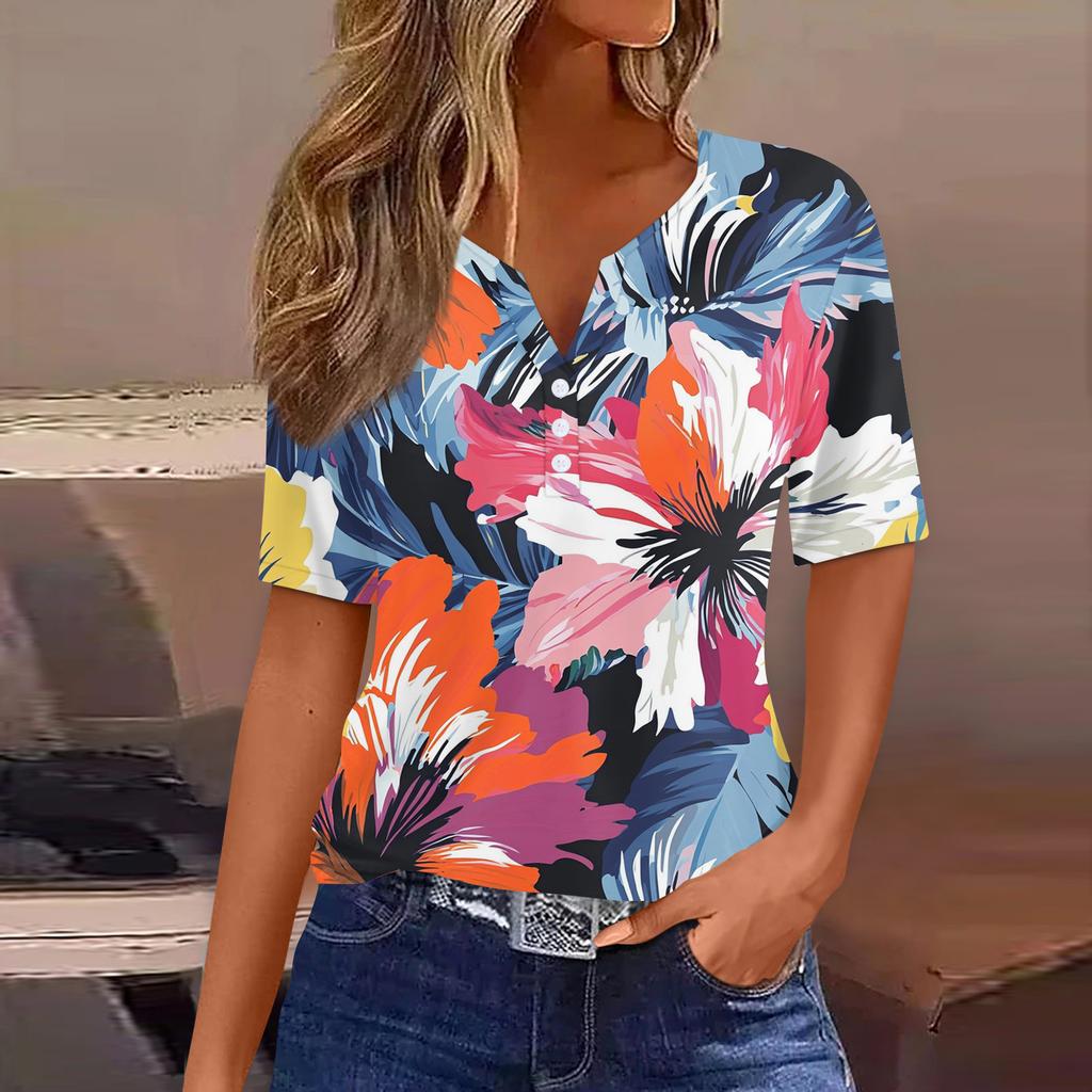 Damska koszulka z nadrukiem, guzikami, krótkim rękawem, codzienna, weekendowa, modna, podstawowa, dekolt w serek, regularna góra