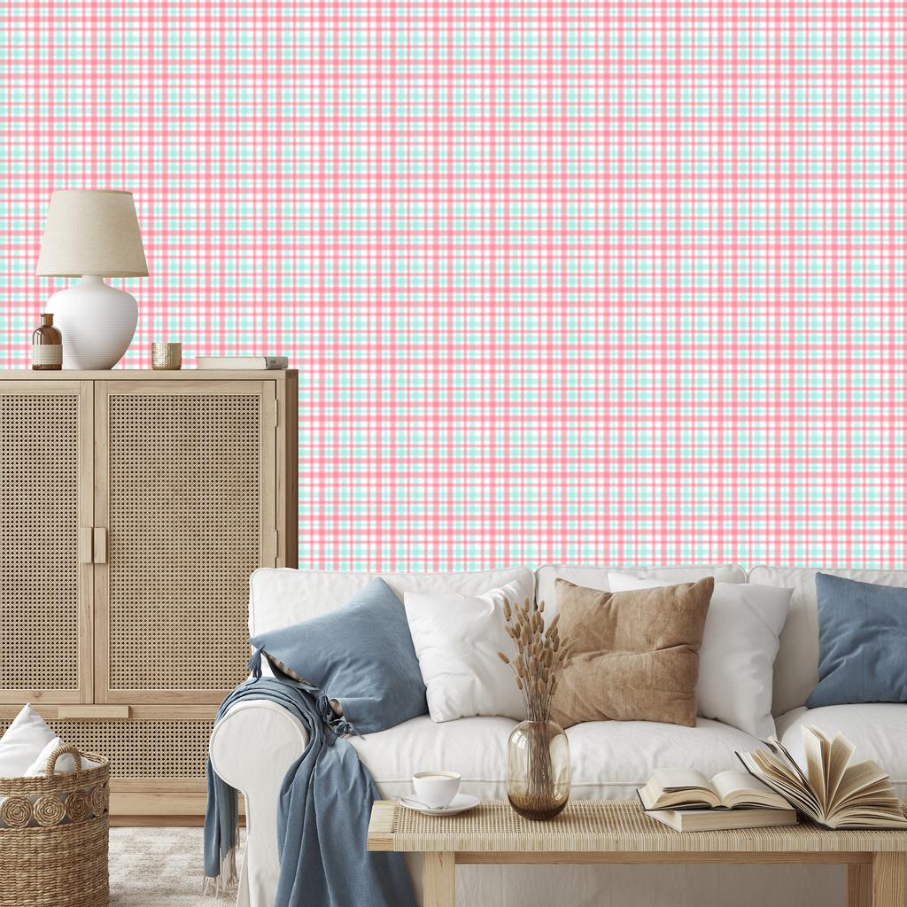 Candy Coral and Light Gray Plaid Wallpaper 50x1000