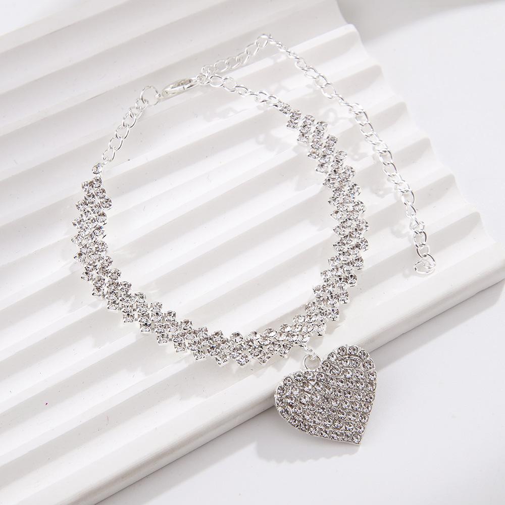 Korean Style Rhinestone Rhombus Anklet with Heart Pendant серебряный