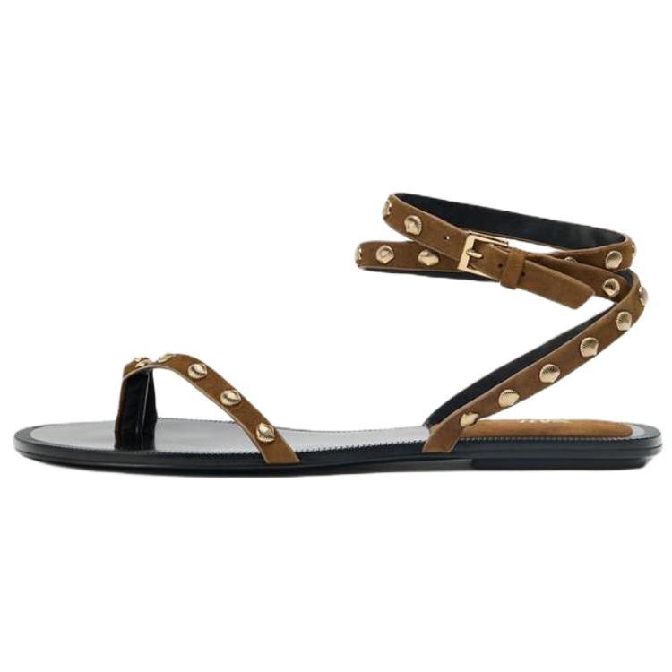 Zara Studded Toe Post Ankle Wrap Flat Sandals Brown Women 3603610700 38