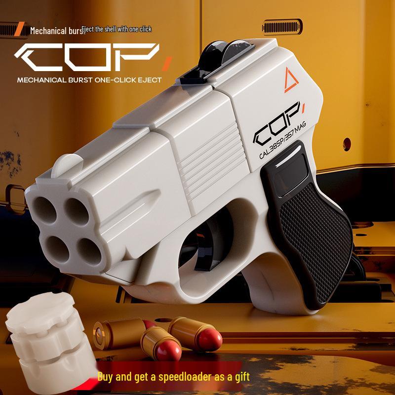 

Игрушечный пистолет Mingjiangtang COP357 Life Card: Ручной пистолет с непрерывной стрельбой и выбросом гильз мягкими пулями для детей.