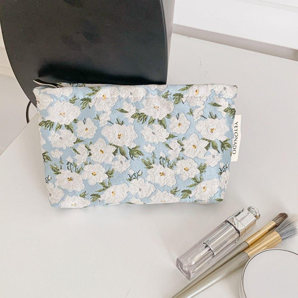 Polyester Canvas Flower Clutch Bag Large Capacity Flower Pattern Makeup Bag Zipper Closure Portable Travel Toiletry Bag