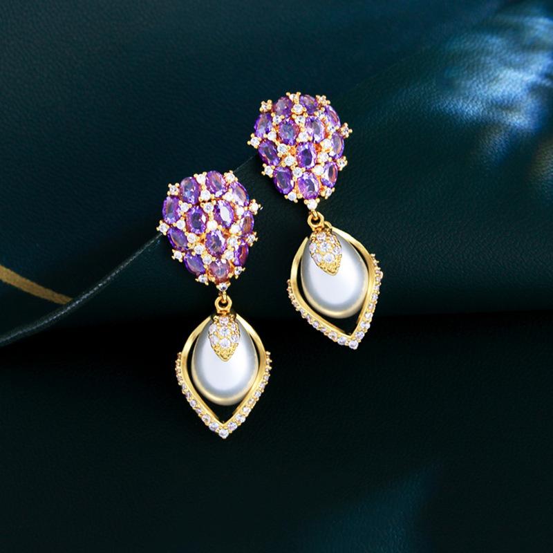French Light Luxury Court Style Violet Full Diamond Shell Pearl Earrings Brass Gold-Plated Zircon Earrings Earrings