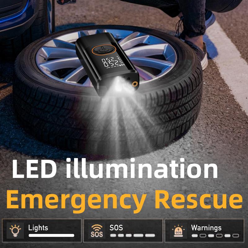 Portable air compressor with digital pressure gauge, 150PSI rechargeable battery, LED light, wireless tire inflator, and USB Type-C interface.