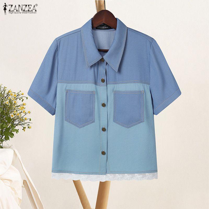 ZANZEA Women Turn Down Collar Summer Casual Short Sleeve Blouse