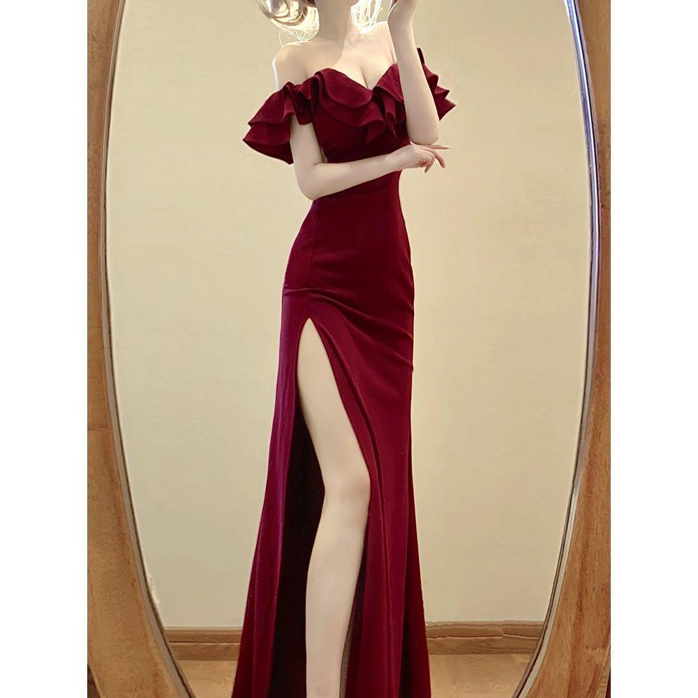 Elegant Strapless Off-the-Shoulder High Slit Evening Dress, Ankle Length with Unique Design for Women