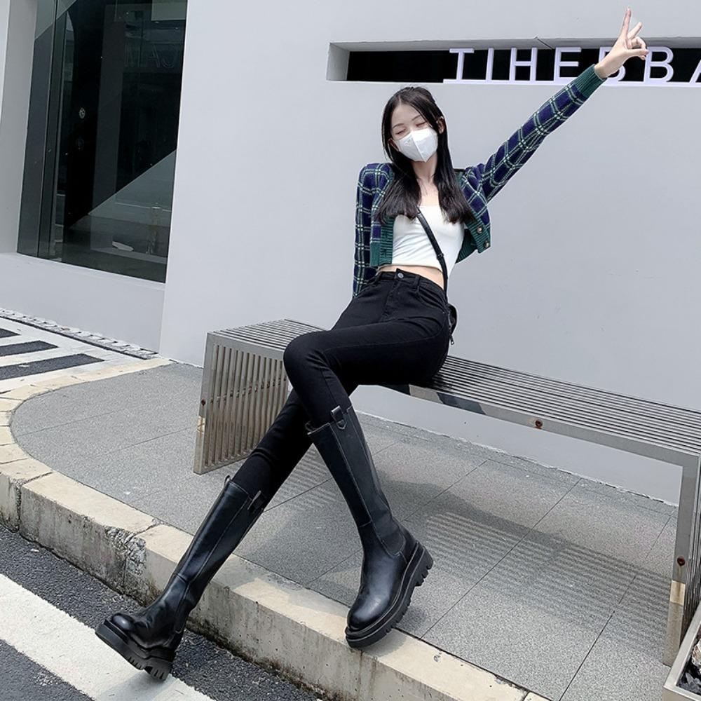 Trend ins high-waisted jeans women's tight-fitting small feet 2025 autumn and winter new thin elastic pencil jeans