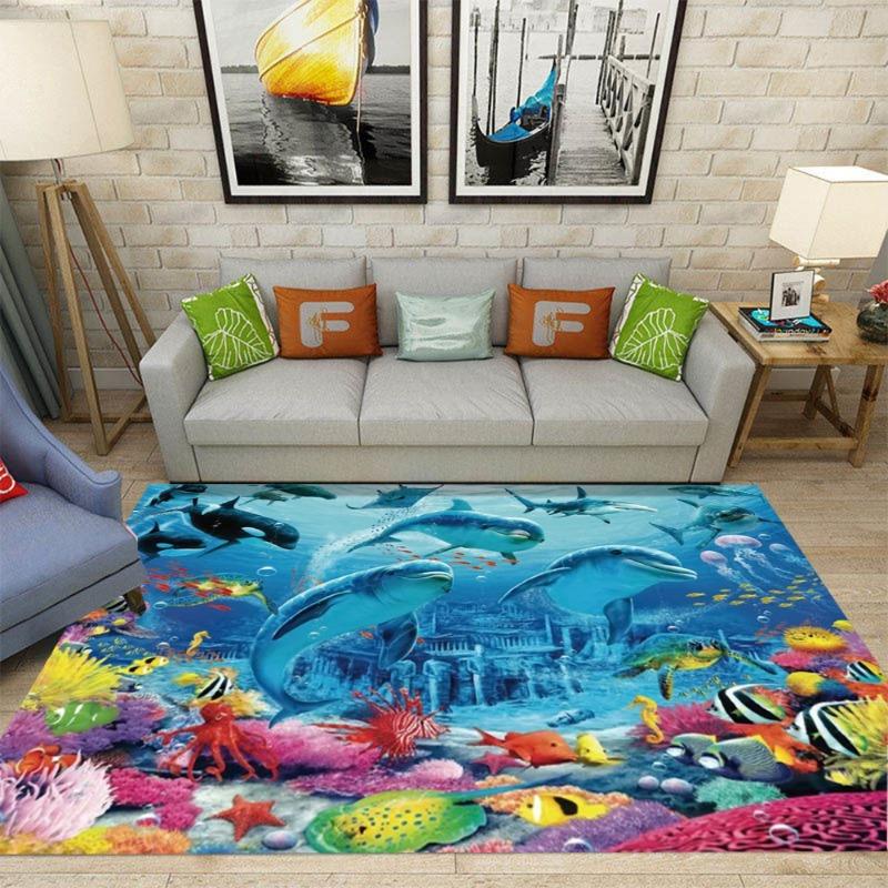 Vibrant Sea Turtle Area Rug Coral Reefs and Colorful Fish Living Room Bedroom Nature Inspired Decor Carpet Home Decoration Mat
