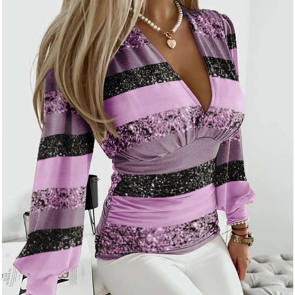 BITCED Damen Herbst Langarm Mode V-Ausschnitt Bedruckte Damen Hemdbluse