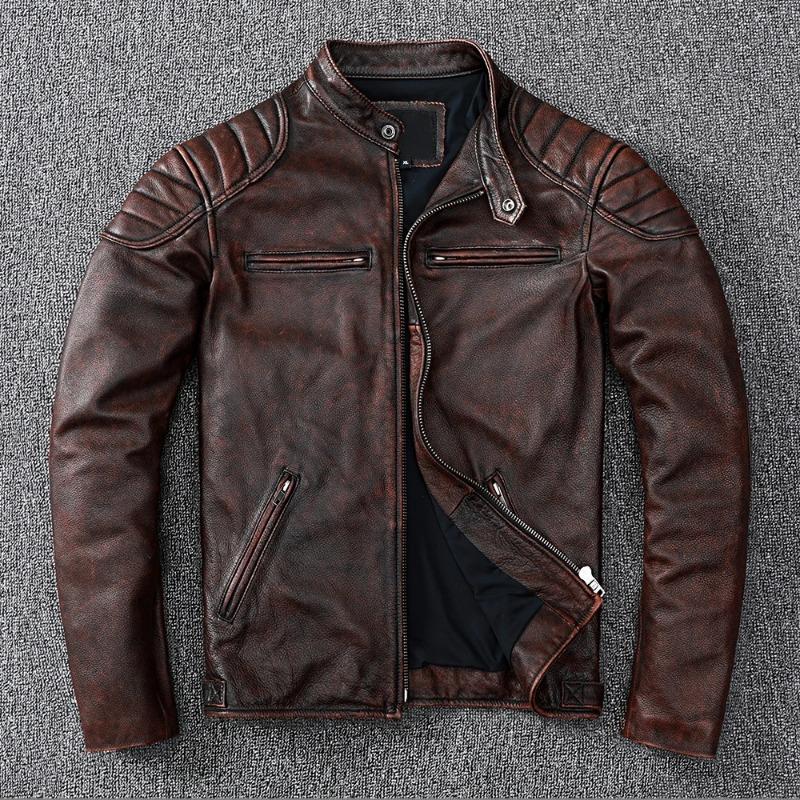 Chinese Size Vintage Yellow Brown Real Cowhide Genuine Leather Jacket Men Motorcycle Coat Mens Biker Clothes Spring Autumn Asian Size 6XL